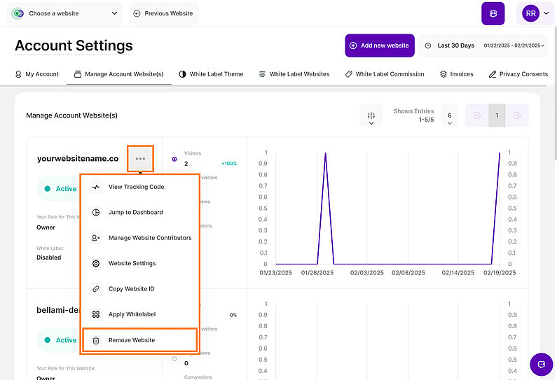 Entfernen einer Website aus Ihrem Konto Entfernen einer Website aus Ihrem Konto