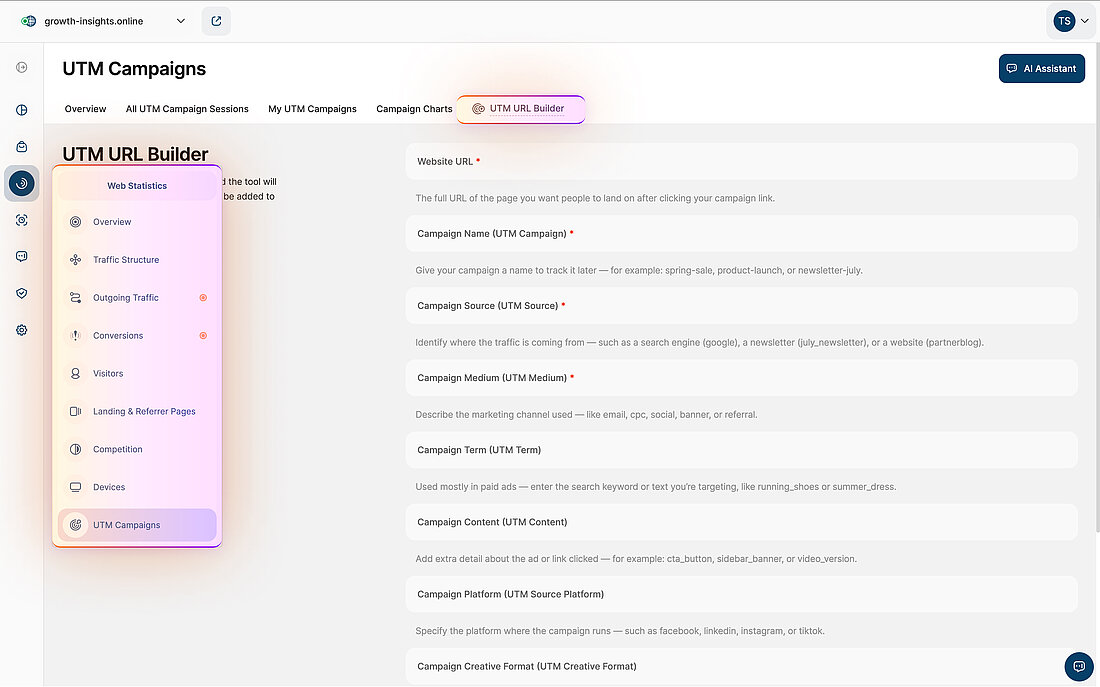 UTM URL Builder Setup UTM URL Builder with navigation path highlighted and campaign parameter fields ready for link tagging