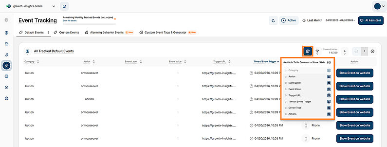 Tailor Your Event Tracking Dashboard View with Column Controls