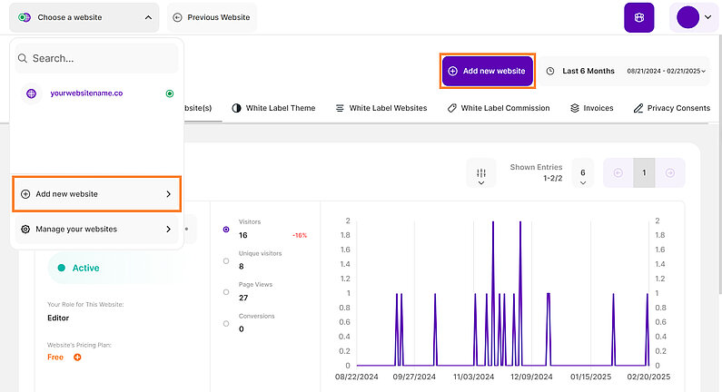 Eine neue Website zu Ihrem Konto hinzufügen Eine neue Website zu Ihrem Konto hinzufügen