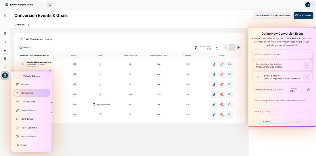 Custom Conversion Event Configuration Platform screenshot showing navigation to Conversion Events and the panel for defining a new custom conversion event with criteria and value settings