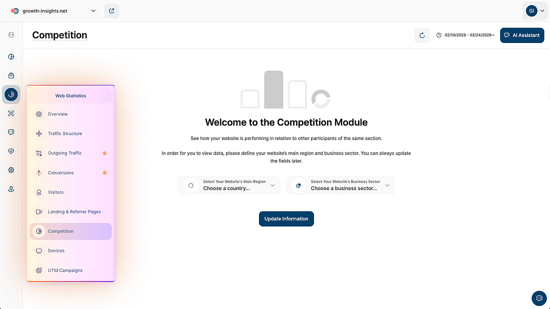 Competition Module Initial Setup First-time setup screen prompting region and business sector to enable competitor benchmarking