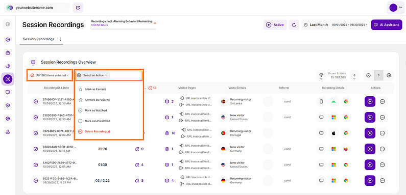 Select a Bulk Action for Session Recordings Select a Bulk Action for Session Recordings