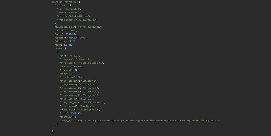 eCommerce Purchase Event JavaScript Payload JavaScript purchase event payload showing transaction, currency, order value, and item details