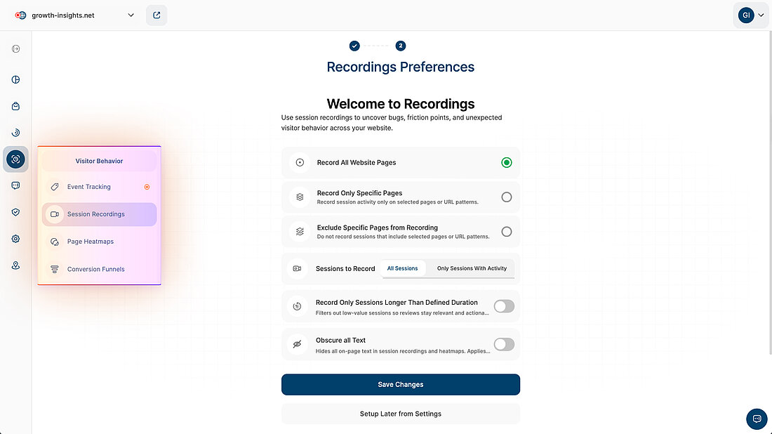 Session Recordings Setup and Preferences Platform screenshot showing navigation to Session Recordings and the initial recording preferences setup screen for configuring what sessions are recorded