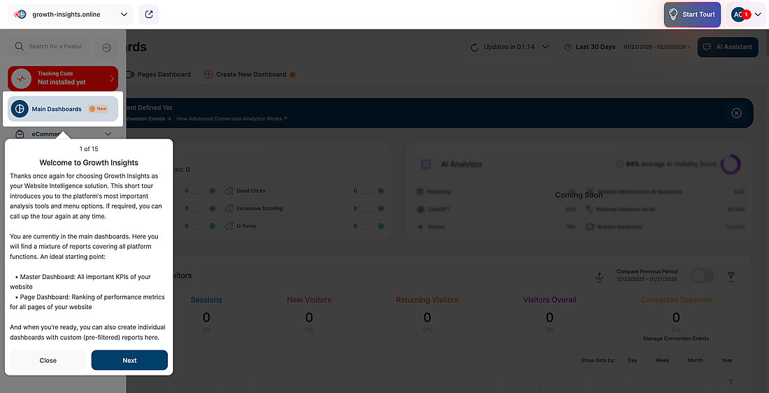 Dashboard Feature Tour Introduction Platform screenshot showing the first step of the dashboard feature tour with an introductory overlay explaining key dashboards and navigation